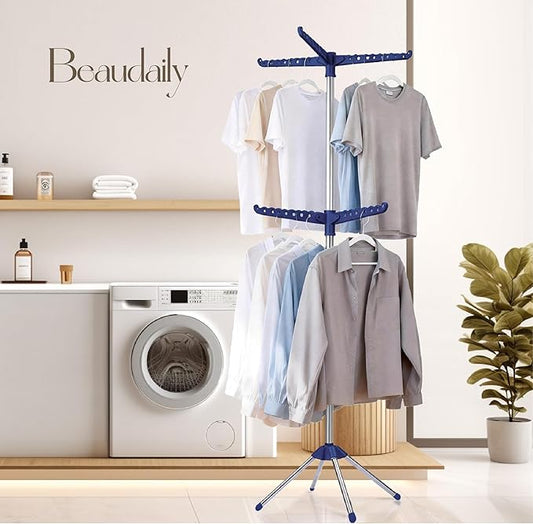Beaudaily Clothes Drying Rack, Foldable 74.8-Inch Laundry Drying Rack, Indoor 2 Tier Drying Rack Clothing with Rotatable Arms, Stainless Steel, Holds 54 Pieces, Space Saving, Blue and Silver