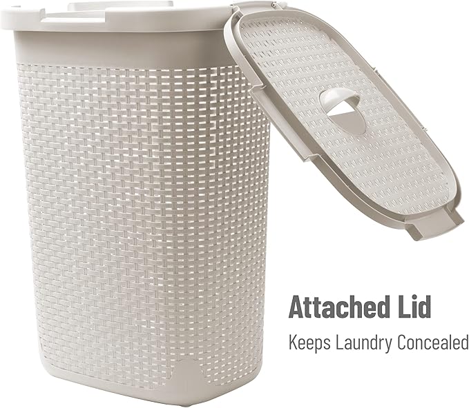 Mind Reader Slim Laundry Hamper with Lid, 60L Clothes Basket, Premium Wicker Design, Plastic, Ivory