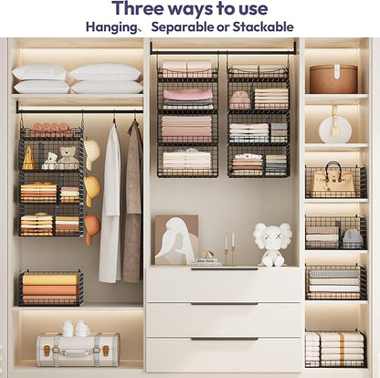 SWTYMIKI Hanging Closet Organizer Storage - 4 Tier Metal Stackable Hanging Closet Shelves with Dividers and S Hooks, Foldable Clothes Shelves for Clothes, Pants, Shoes, Coat, Hats Clutches Accessories