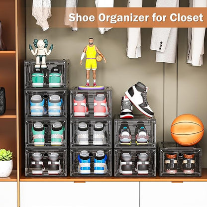 caktraie 10 Pack Thicken Shoe Organizer Stackable,Upgraded Sturdy Shoe Storage Box with Magnetic Door,Shoe Containers For Sneaker Display,Hat Organizer,Black…