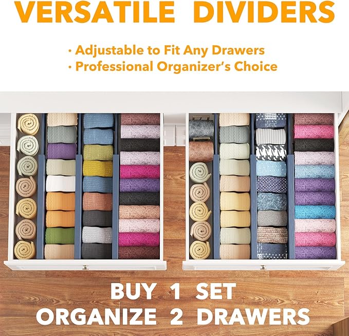 SpaceAid Bamboo Dresser Drawer Dividers 6 Pack, 4.65“ High Adjustable 12.5“-17” Drawer Organizers, Expandable Organization for Clothing, Clothes, Dressers, Navy Blue