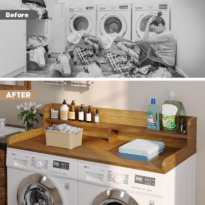 2-Tier Washer Dryer Countertop with 2.75" H Edge Rails, 58" W x 28" D Laundry Countertop for Folding Clothes, Washer and Dryer Topper with Non-Slip Pad (Brown)