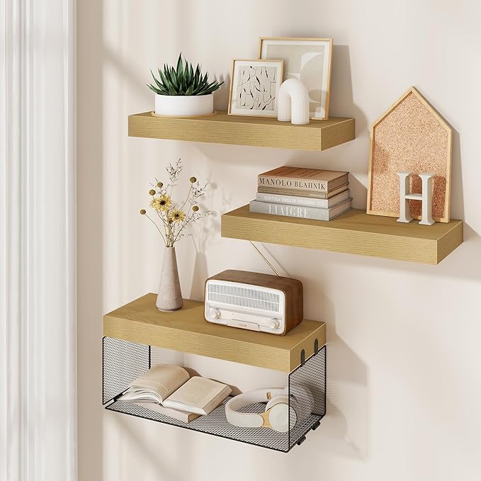 Bathroom Floating Shelves for Wall,16 inch Wall Mounted Floating Shelf Toilet Organizer and Storage,Small Farmhouse Decor Shelf,Oak,Set of 3