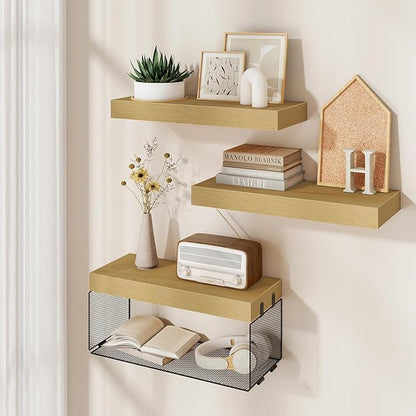 Bathroom Floating Shelves for Wall,16 inch Wall Mounted Floating Shelf Toilet Organizer and Storage,Small Farmhouse Decor Shelf,Oak,Set of 3