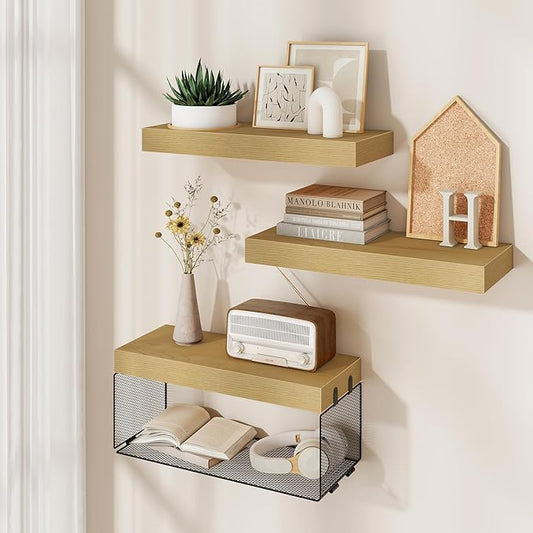 Bathroom Floating Shelves for Wall,16 inch Wall Mounted Floating Shelf Toilet Organizer and Storage,Small Farmhouse Decor Shelf,Oak,Set of 3