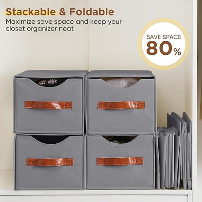 4 Pack Stackable Storage Drawers, Fabric Closet Organizers and Storage with Handles and Clear Window, Pull-Out Clothes Storage Bins with Drawer for Closet, Bedroom, Living Room, Under Bed, Gray