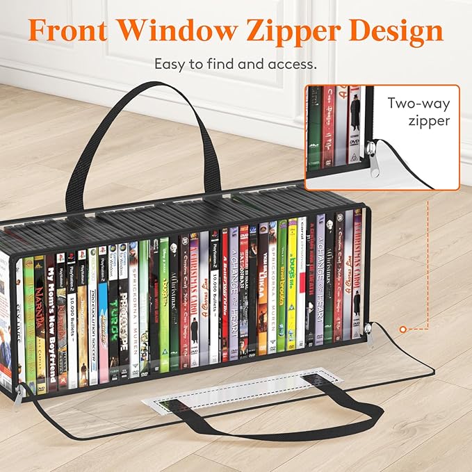 Lifewit DVD Storage Bags, Clear PVC DVD Case Holder with Handles, Front Window Zipper Design, Stackable Media Organizer for Blu Ray Disc, Movie Cases, VHS Box, Hold 210 Pcs DVDs (35 Each), 6 Pack