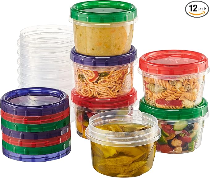 ELEGANT DISPOSABLES Twist Top Food Storage Containers 16 oz 12 Pack Plastic Freezer Storage Containers Leakproof Reusable with Screw on Colored Lids
