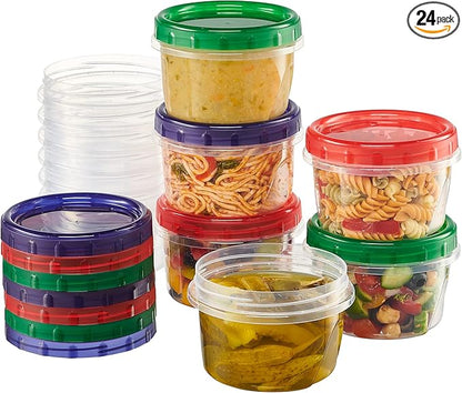 ELEGANT DISPOSABLES Twist Top Food Storage Containers 16 oz 24 Pack Plastic Freezer Storage Containers Leakproof Reusable with Screw on Colored Lids