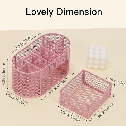 EOOUT Pink Desk Organizer, Pen Holder for Desk and Accessories, Mesh Desk Organizer with 8 Compartments and 1 Drawer for Office Home School Classroom