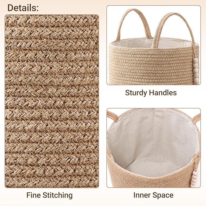 Mkono Tall Wicker Laundry Basket Woven Storage Basket Decorative Natural Rope Basket Wooden Bead Decoration for Blankets,Toys,Clothes,Shoes,Plant Organizer Bin with Handles Living Room 15"Wx17.7"L