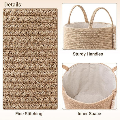 Mkono Tall Wicker Laundry Basket Woven Storage Basket Decorative Natural Rope Basket Wooden Bead Decoration for Blankets,Toys,Clothes,Shoes,Plant Organizer Bin with Handles Living Room 15"Wx17.7"L