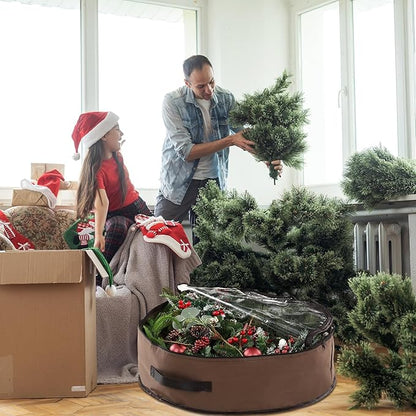 4 Pack Wreath Storage Container, 36 Inch Christmas Wreath Storage Box with Clear Window and Handles Upgrade Oxford Cloth Garland Bags with Dual Zipper for Xmas Wrapping, Brown