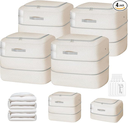 Easortm Comforter Storage Bag - 110L Large Capacity Blanket Storage Bags 2-Layer Ultra Space Saving Self Compression Organizer, Washable Compression Bags for Storage Comforter Blanket, 4-Pack, Beige