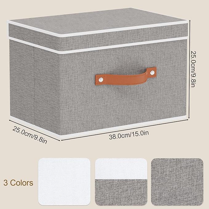 Storage Bins with Lids, Linen Collapsible Boxes, 15 x 9.8 x 9.8 Inch Storage Baskets with Double Handles for Shoes Books, Grey, 3-Pack