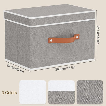 Storage Bins with Lids, Linen Collapsible Boxes, 15 x 9.8 x 9.8 Inch Storage Baskets with Double Handles for Shoes Books, Grey, 3-Pack