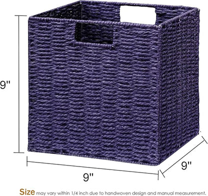 Vagusicc Wicker Storage Basket, Set of 2 Hand-Woven Paper Rope Wicker Basket, Foldable Cube Storage Bins, 9 inch Square Storage Baskets for Organizing Shelves & Decor, Purple (9″×9″×9″)