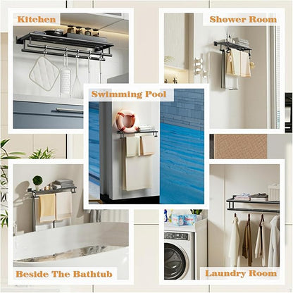 Alise Towel Rack for Bathroom Wall Mount,Bathroom Towel Holder Double Towel Bars with Shelf,16 Inch SUS304 Stainless Steel Towel Hanger for Bathroom Walls,Matte Black
