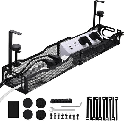 Under Desk Cable Management Box 25.3 Inch – Clamp-Mounted Cable Organizer Tray, Large Cord Management Box for Office & Home, Wire Organizer Under Desk Storage, Black