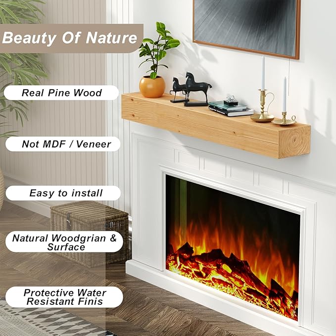 ROOMTEC Fireplace Mantel,48" Wood Floating Fireplace Shelves,Wall Mounted Wooden Display Shelving,Handcrafted Wood Brack,Natural Mantels Over Fireplace | 48" x 8" x 5"-Natural Wood