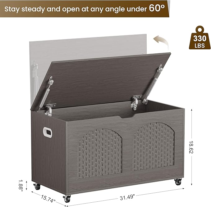 Storage Chest, Rattan-Style Toy Storage Bench with Lid and Wheels, Square Storage Trunk for Entryway, Bedroom, Living Room(Gray)