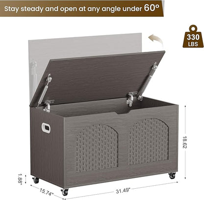 Storage Chest, Rattan-Style Toy Storage Bench with Lid and Wheels, Square Storage Trunk for Entryway, Bedroom, Living Room(Gray)