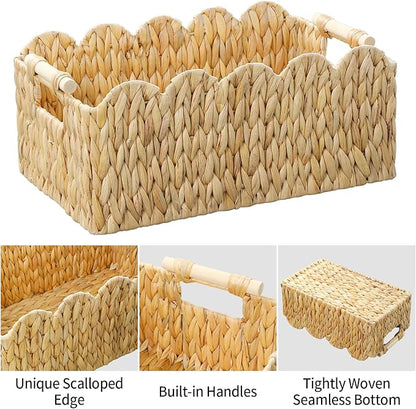 Scalloped Edge Wicker Basket,Hand-Woven Rattan Baskets with Wooden Handles,Natural Water Hyacinth Basket for Laundry,Shelves,Rectangular Set of 2