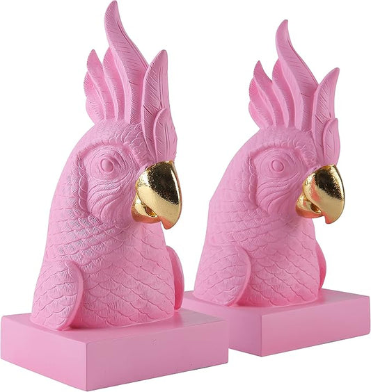 Pink Parrot Decorative Bookends,Set of 2 Cute Bird Animal Sculpture Book Ends to Hold Hevay Duty Books,Unique Resin Statues Book Stopper for Home Office Desk Bookshelf Decor