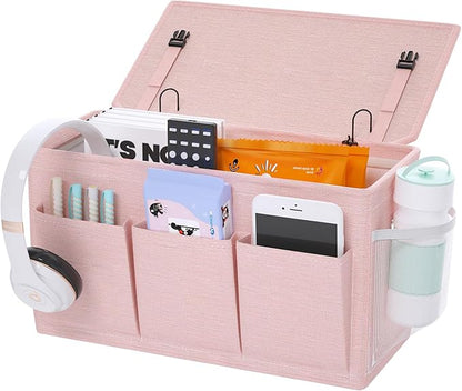 Edudif Dual-purpose Bedside Caddy Bedside Organizer, Bed Caddy with 6 Pockets, Versatile Bedside Storage Solution Magazine Remotes holder, ideal for Home, Dorm, Hospital, Crib Bed (Pink)