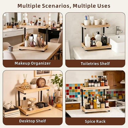 2-Tier Bathroom Counter Organizer with Suction Cups - Non-Slip Vanity Countertop Organizers for Makeup, Perfume & Skincare, Wooden Counter Storage Shelf for Bathroom, Sink, Kitchen