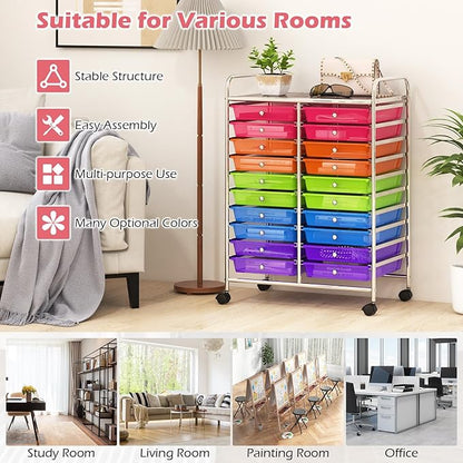 Rolling Cart with 20 Drawers, 20 Tiers Multicolor Trolley, Drawer Bin Carts with 2 Lockable Wheels, Adjustable File & Debris Organizer Cart, Rolling Storage Cart for Office, School, Home