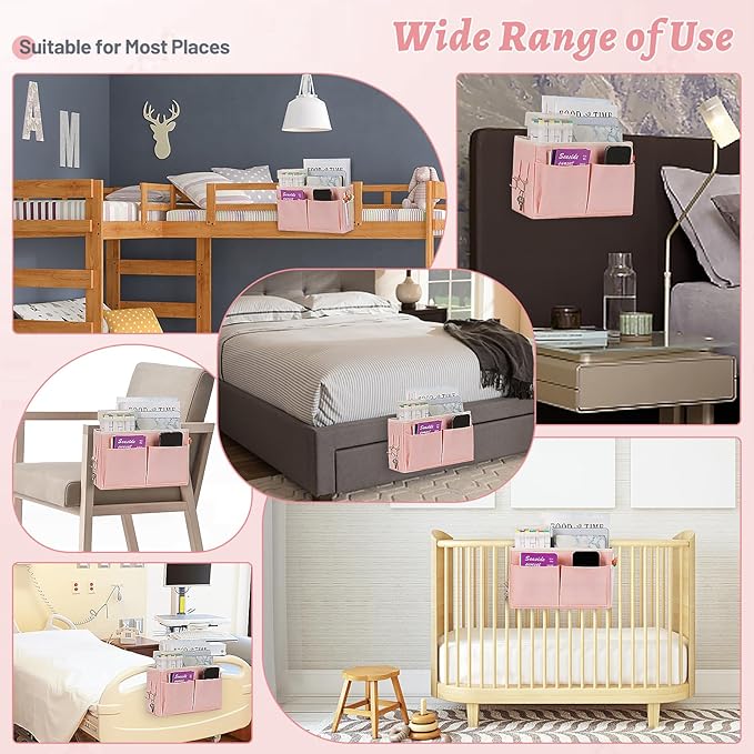 Frjjthchy Bedside Caddy Hanging Storage with Water Bottle Holder for Bunk Bed Hospital Bed Dorm Rooms (Pink)