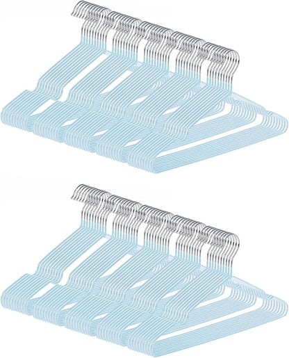 gofuch Ultra-Thin Metal Hangers, 100 Pack Non-Slip PVC Coated Space Saving Clothes Hangers for Closet, 16 inch Wide for Suits, Dresses, Jackets（Blue）