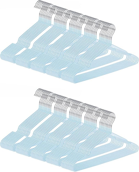 gofuch Ultra-Thin Metal Hangers, 100 Pack Non-Slip PVC Coated Space Saving Clothes Hangers for Closet, 16 inch Wide for Suits, Dresses, Jackets（Blue）