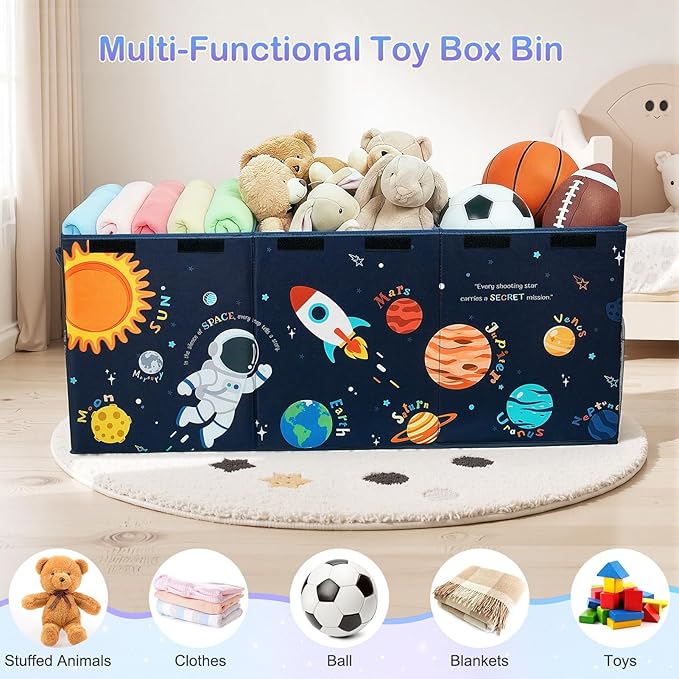 Unicorn Castle Toy Box with Adjustable Divider Toy Chest Storage Large Toy Storage Organizer Bin Collapsible with Lid Pockets for Nursery Playroom,Blue Astronaut