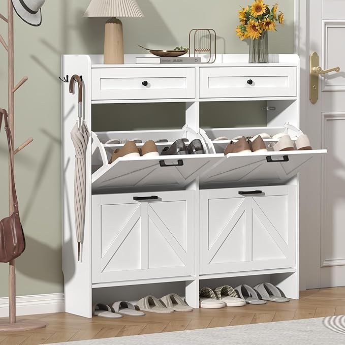 Shoe Cabinet with 4 Flip Drawers & 2 Storage Drawers, Rustic Farmhouse Narrow Shoe Organizer Cabinet, Slim Shoe Rack Cabinet, Shoe Storage Cabinet for Entryway, Hallway, Front Door