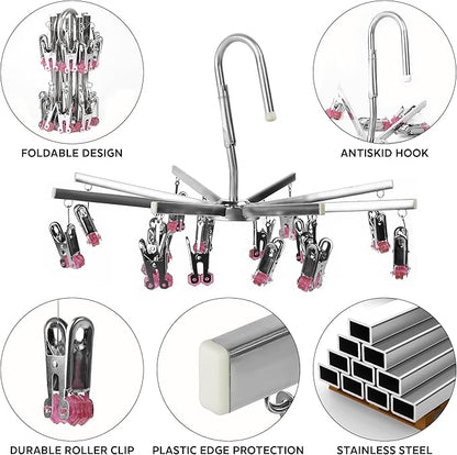 Drying Hanger, Hanging Drying Rack, Drip Hanger Stainless Steel with 16 Pegs for Laundry Underwear Socks, Quickly Remove Clothes from Hanger, Windproof, Folding Portable, (Red)