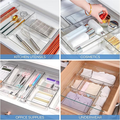 Ravinte 6 Pack Drawer Organizer - 3" X 6" Plastic Storage Bins, Acrylic Organizers with Non-Slip Pads Clear Desk Storage Tray for Makeup, Jewelries, Kitchen Utensils, Bathroom and Office