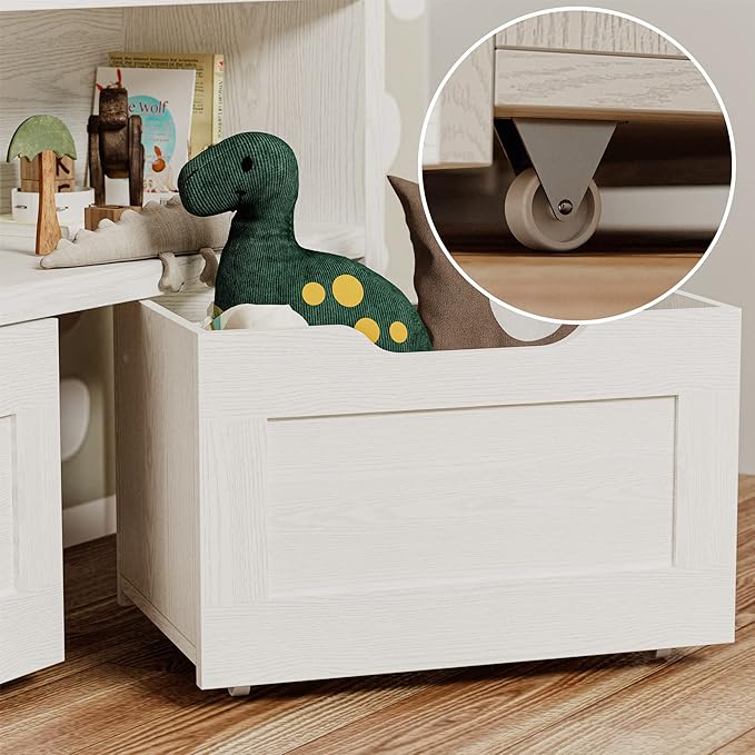 IRONCK Toy Storage Organizer with Drawers, Floor Toy Box with Wheels and Open Shelf, Storage Chest for Nursery, Playroom and Bedroom, White