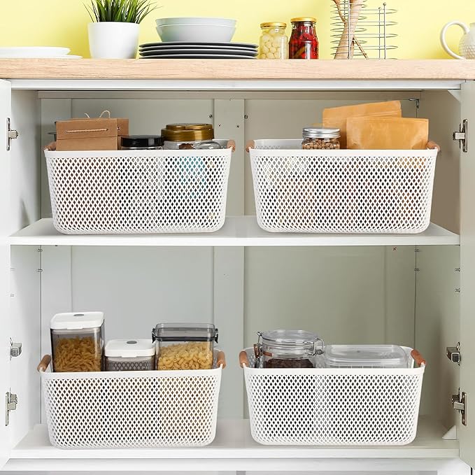 Tioncy 4 Pcs White Mesh Baskets with Wooden Handles Plastic Storage Organizer Baskets Pantry Basket Fruit Vegetables Gathering Basket Bin for Organizing Cabinet Closet Bedroom Kitchen(Medium)