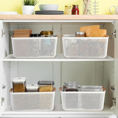 Tioncy 4 Pcs White Mesh Baskets with Wooden Handles Plastic Storage Organizer Baskets Pantry Basket Fruit Vegetables Gathering Basket Bin for Organizing Cabinet Closet Bedroom Kitchen(Medium)