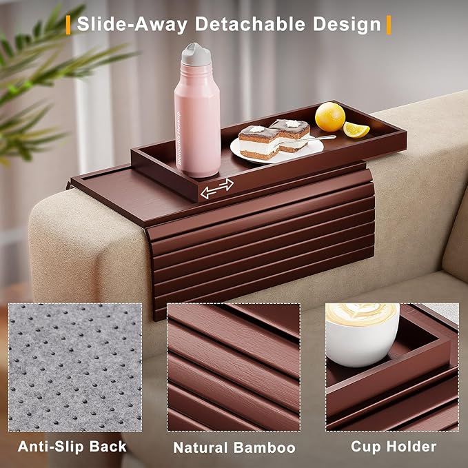 Bamboo Sofa Armrest Tray Table for Couch - 2-in-1 Foldable Couch Arm Table with Be Slide Detachable Tray- Anti-Slip Sofa Armchair Caddy for Drinks Cellphone TV Remote Snacks(Walnut)