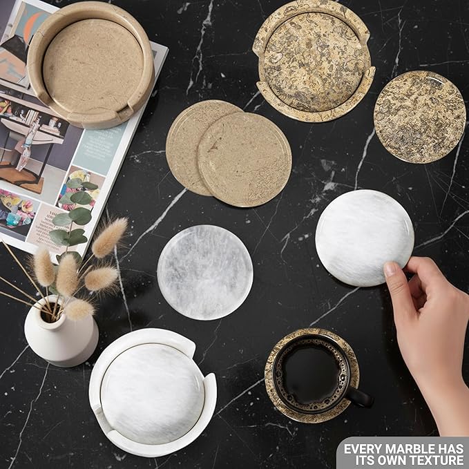 Marble Coaster Set of 6-3.7" Round Marble Drink Coasters, Cork Backing Non-Slip, Office Protect Tables from Stains and Scratches, Coral