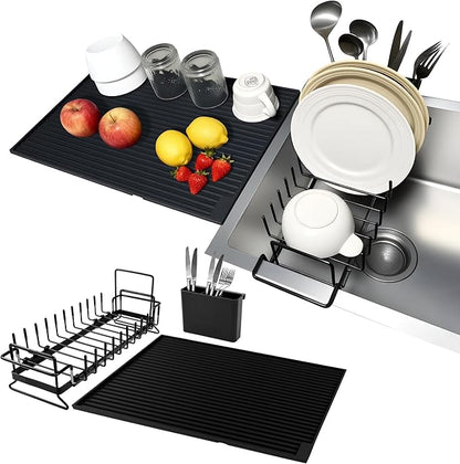WZGUSXN Dish Drying Rack, Stainless Steel Expandable Over/in Sink & Countertop, Space Saving Collapsible Rust-Proof Rack with Silicone Mat Cutlery Holder for Kitchen/RV/Commercial Use (14.56-18.5" L)