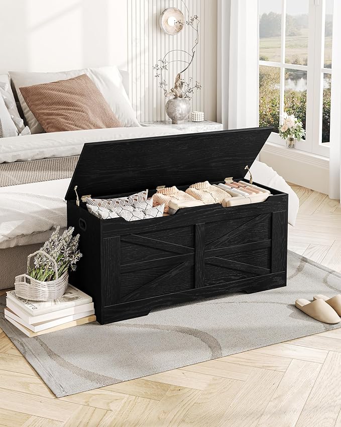 39.4" Storage Chest, Extra Large Storage Trunk with 2 Hinges, Wooden Box Bench, Lift-Top Organizer Chest, Shoe Bench for Entryway, Bedroom, Living Room, Black SB03404X