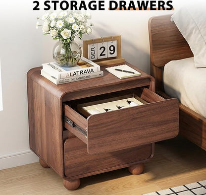 AVZEAR Small Night Stand with 2 Drawers, Mid Century Modern Nightstands with Solid Wood Legs, 2 Drawer Dresser Curved Profile Design End Table Side Table for Small Space, Dorm, Bedroom(Walnut)