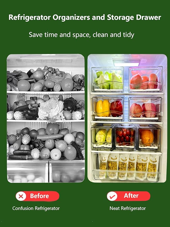 Femoliyes Refrigerator Organizers and Storage Drawer, Stackable Fruit Storage Containers for Fridge, Reusable Fridge Organizer fit for Kitchen Refrigerator and Restaurant Freezer (2 Drawers, Large)