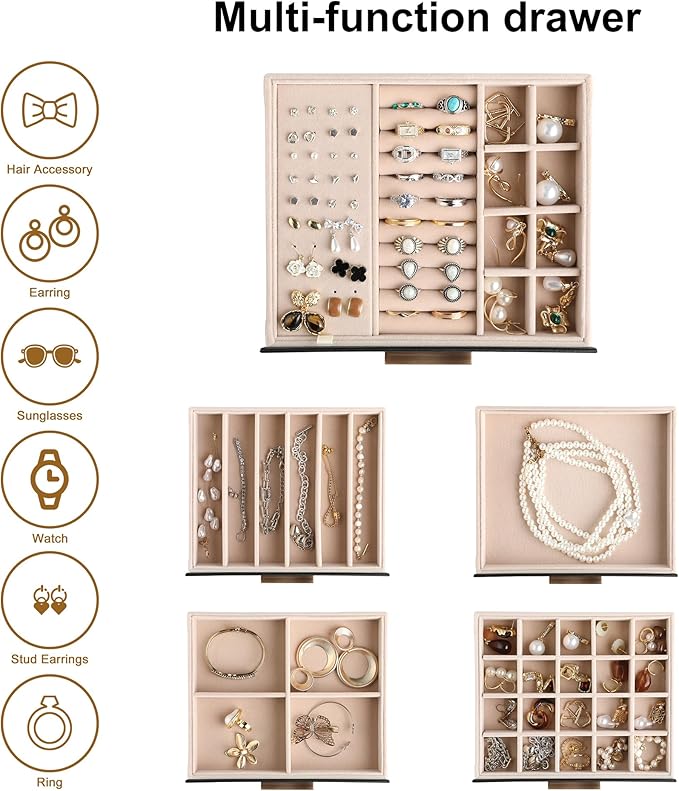 Frebeauty Clear Lid Jewelry Box,5-Layer Jewelry Organizer with Drawer,PU Leather Jewelry Organizers and Storage,Jewelry Boxes for Women,Jewelry Storage for Rings Earring Stud,Gift for Women(Black)