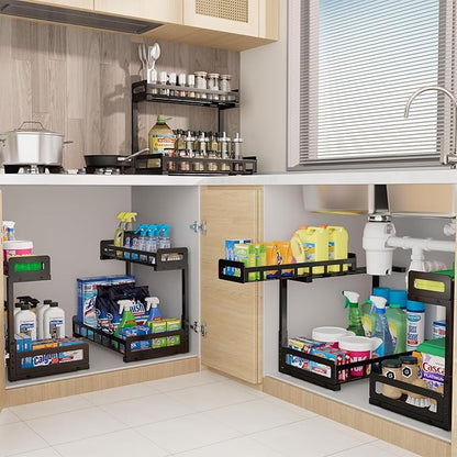 Under Sink Organizer 2 Pack, Metal Large Capacity 2-Tier Sliding Cabinet Storage Rack, Heavy-Duty Rust-Resistant Steel Frame, Holds 50 lbs Each, Adjustable Height 12–16", 14"D x 11"W for Home, Black