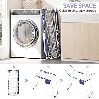 APEXCHASER Clothes Drying Rack Foldable - Drying Rack Clothing Large Space, Winged Laundry Rack with Sock Clips for Hanging Towels Clothes Dress Bedding Indoor Outdoor, White